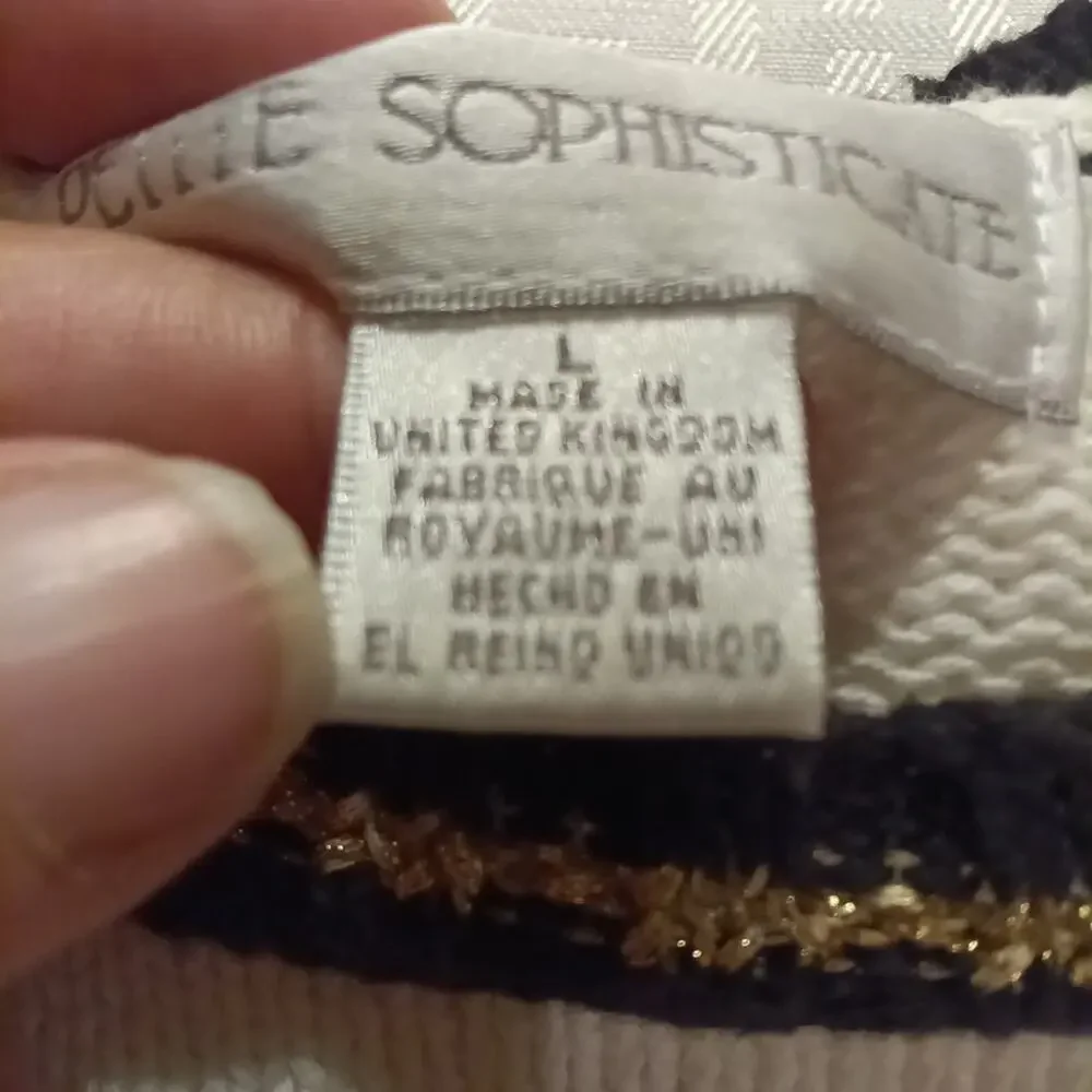 Petite Sophisticate Nautical Sweater Sz Lg Black And White Gold Trim Cotton